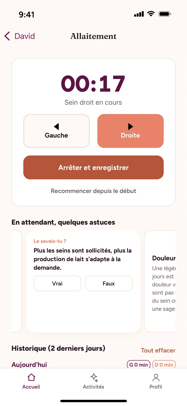 Chronomètre d'allaitement, sein droit en cours