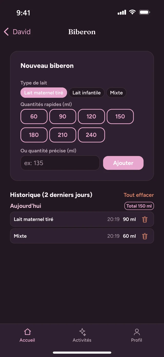 Ajout d'un biberon en mode sombre