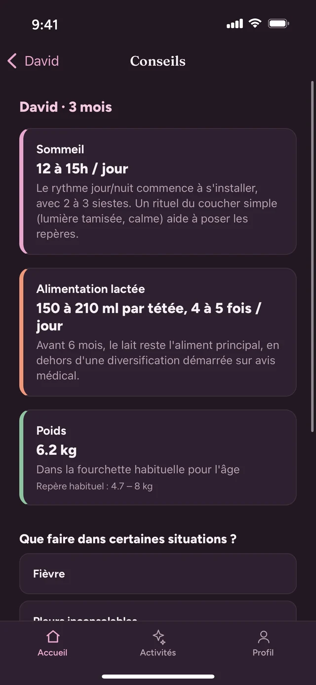 Conseils adaptés à l'âge de bébé, en mode sombre