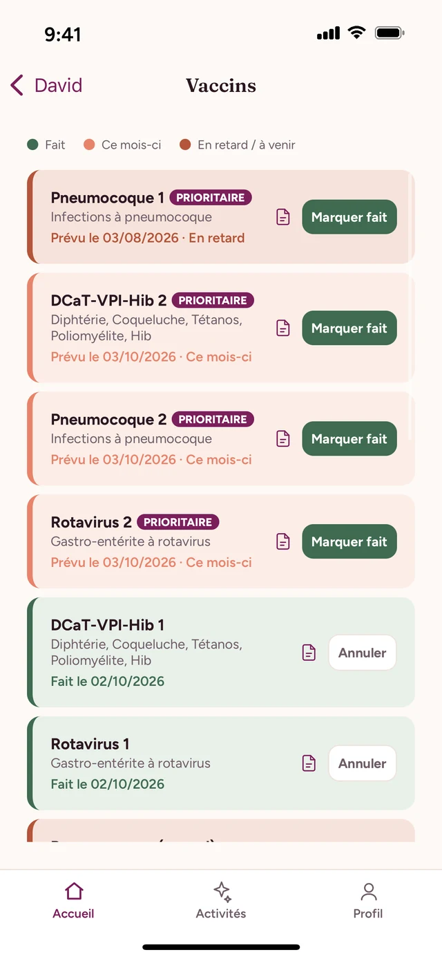 Calendrier vaccinal avec vaccins prioritaires et vaccins faits